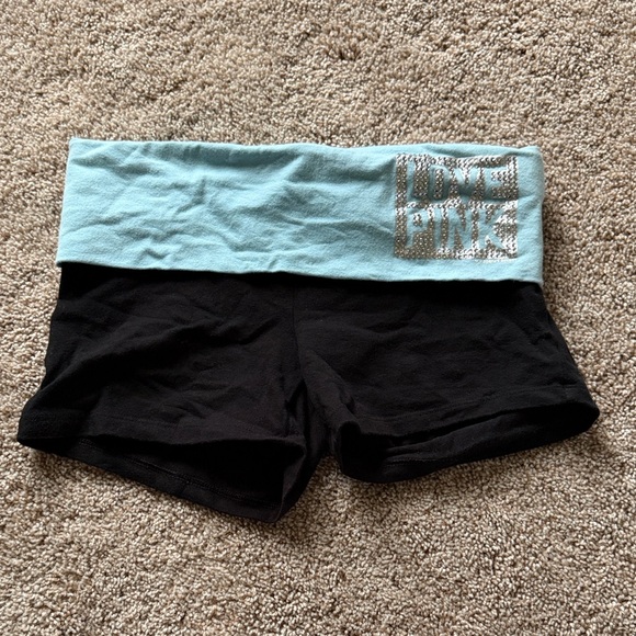 PINK Victoria's Secret Y2K Black Yoga Shorts with Aqua Foldover Waistband - Picture 3 of 5